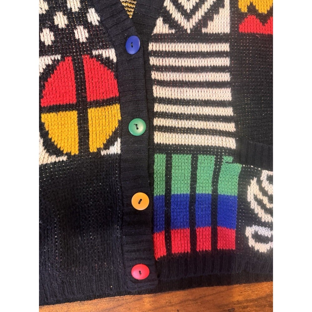 Vintage 90s Geometric Patchwork Cardigan Oversized Art Sweater Colorful Button - Picture 4 of 9